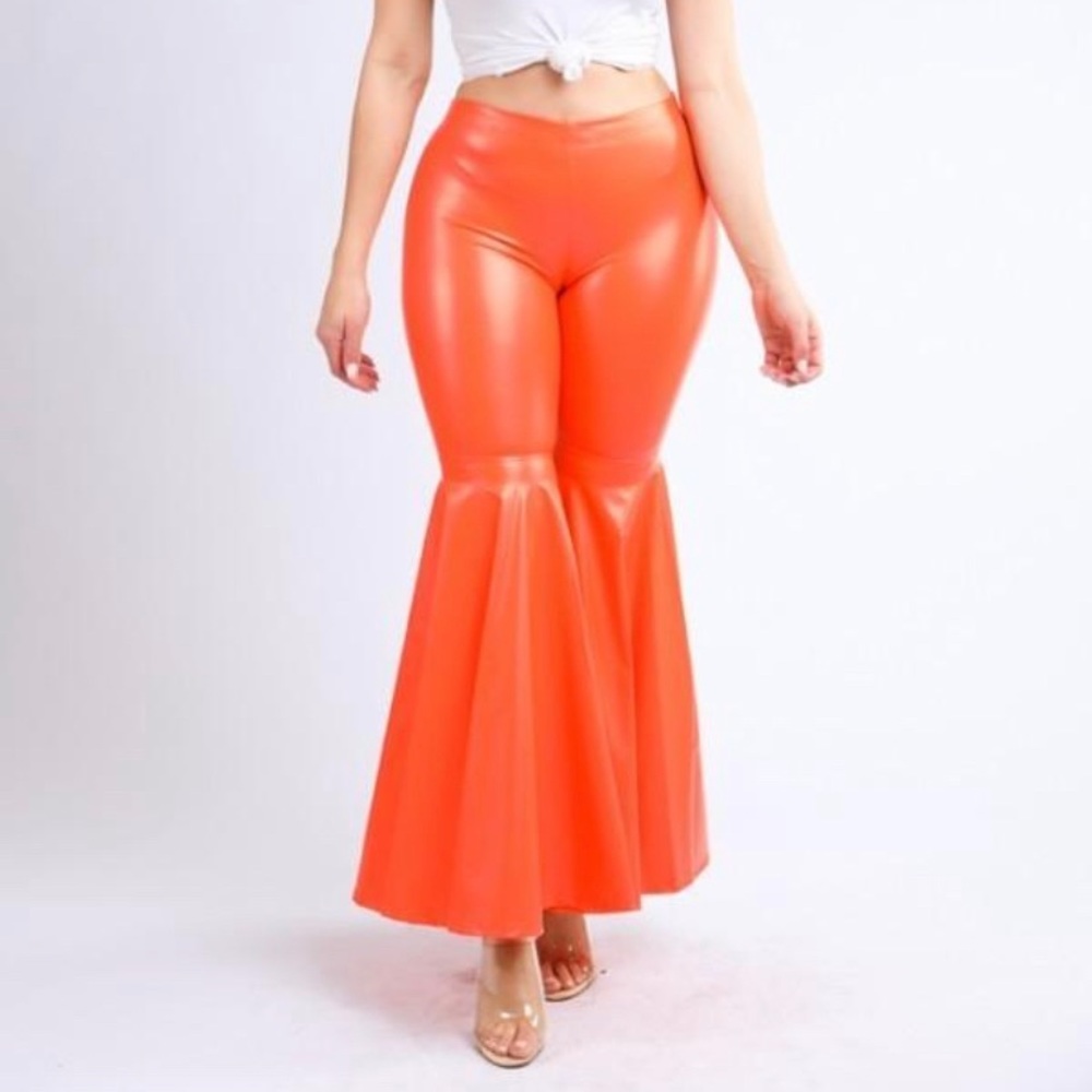 Orange pu leather pants